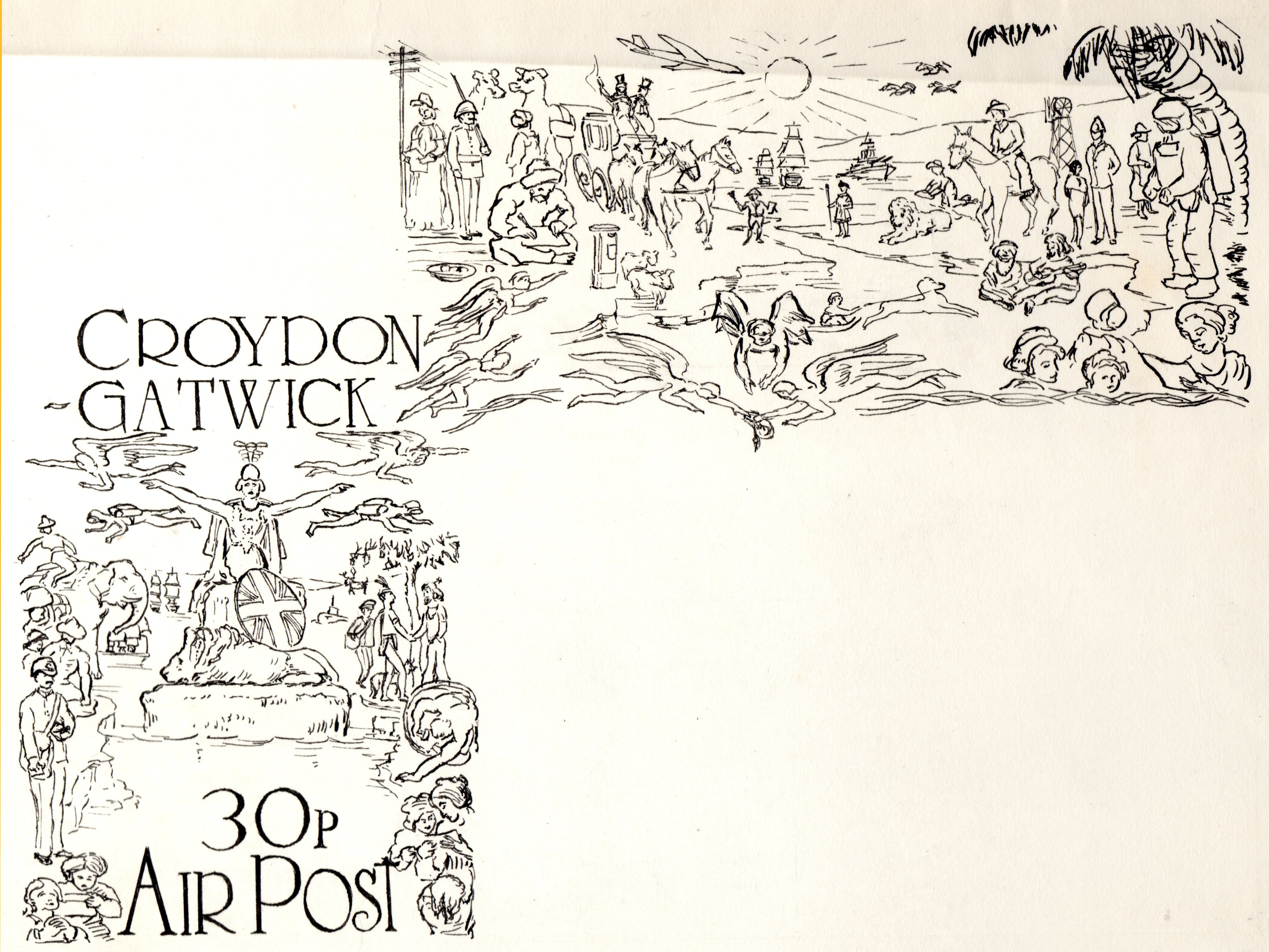 1971 Croydon Gatwick Strike Post Postal Stationery in the Mulready tradition - Artwork - detail